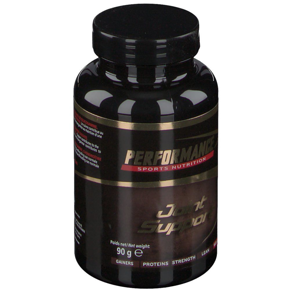 Flacon noir avec étiquette dorée. Inscription: Performance Joint Support. Produit pour sportifs.