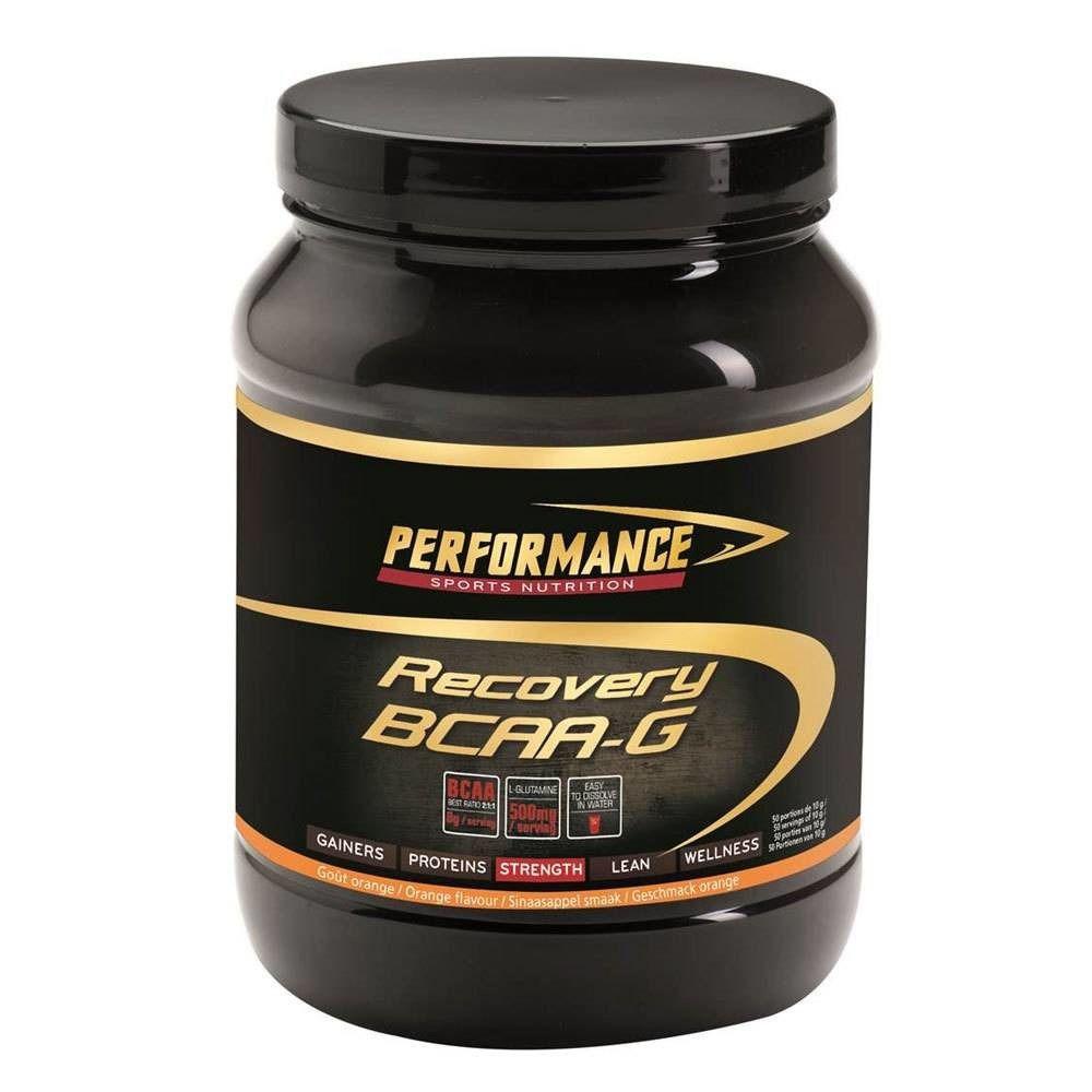Pot noir avec détails dorés. Inscription: Performance Recovery BCAA-G. Contient BCAA, protéines, force et indications bien-être.