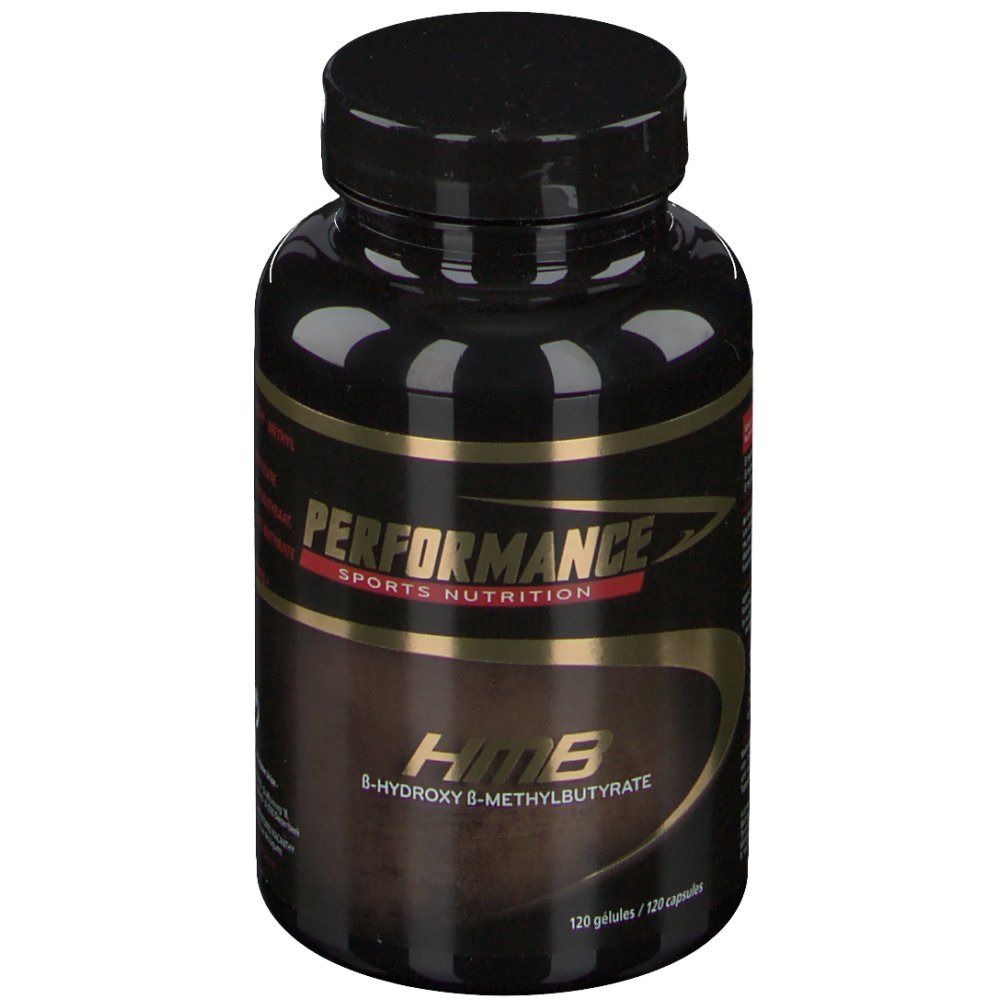 Flacon noir avec étiquette dorée. Inscription: Performance Sports Nutrition, HMB, 120 gélules.