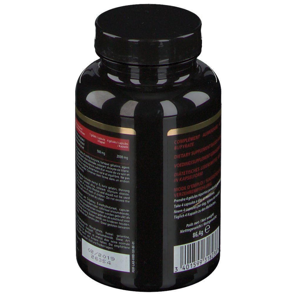 Dos du flacon noir. Texte multilingue. Contient des informations sur les ingrédients et le dosage.