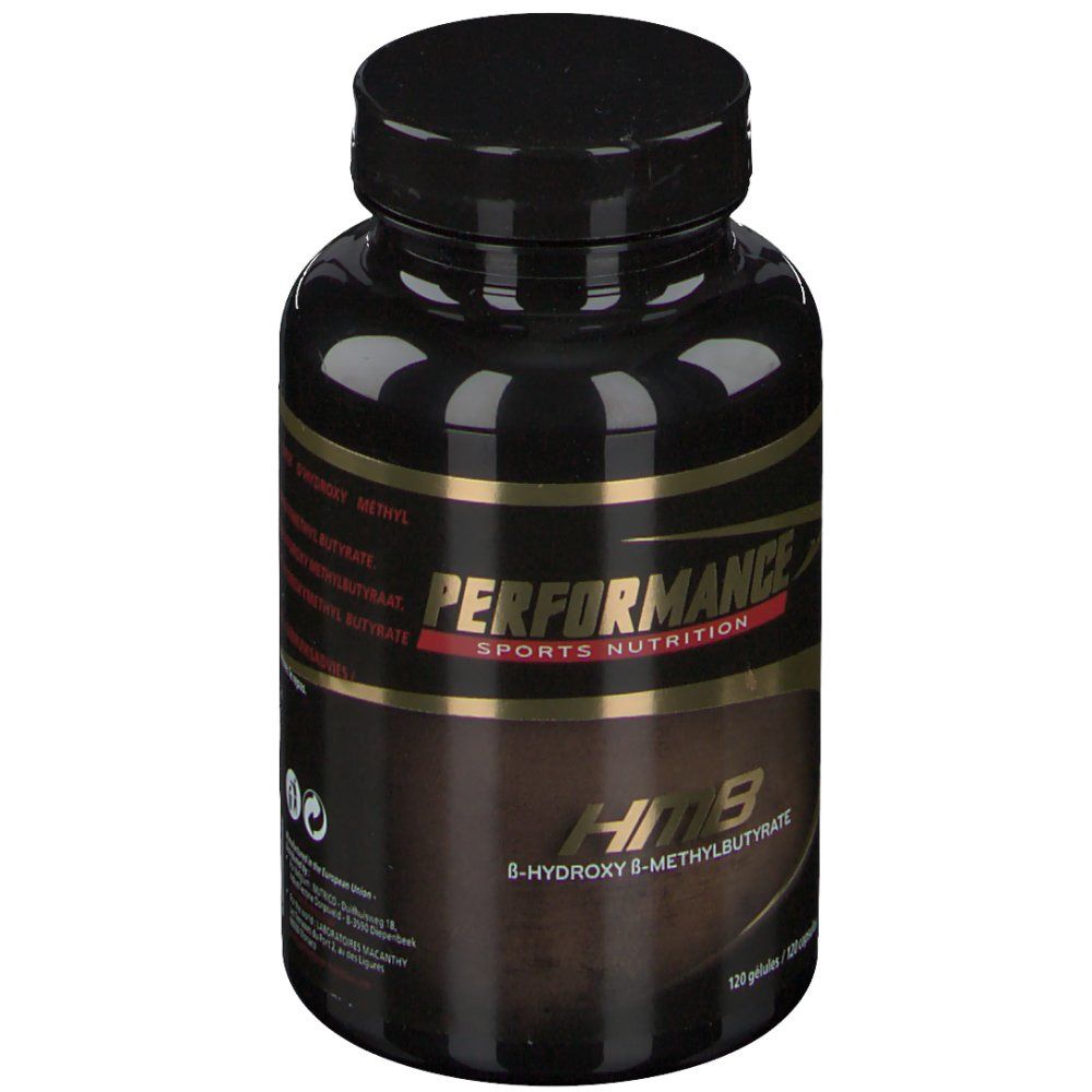 Flacon noir avec étiquette dorée. Inscription: Performance Sports Nutrition, HMB, 120 gélules.
