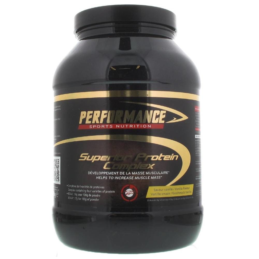 Pot noir avec texte doré. Inscription: PERFORMANCE, Superior Protein Complex. Aide à augmenter la masse musculaire.