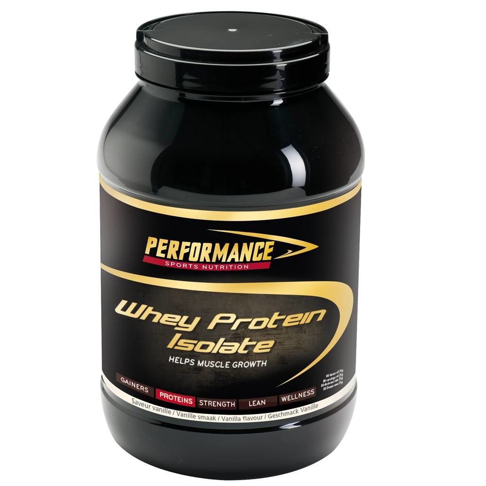 Pot noir avec détails dorés. Inscription: Performance Sports Nutrition, Whey Protein Isolate, goût vanille.