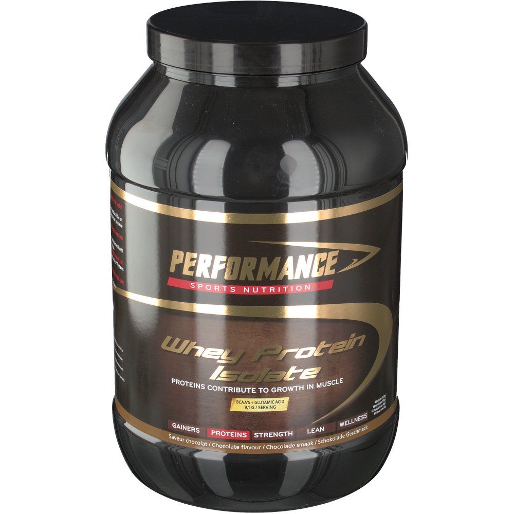 Pot noir avec accents dorés. Inscription : PERFORMANCE Sports Nutrition, Whey Protein Isolate. Saveur chocolat.