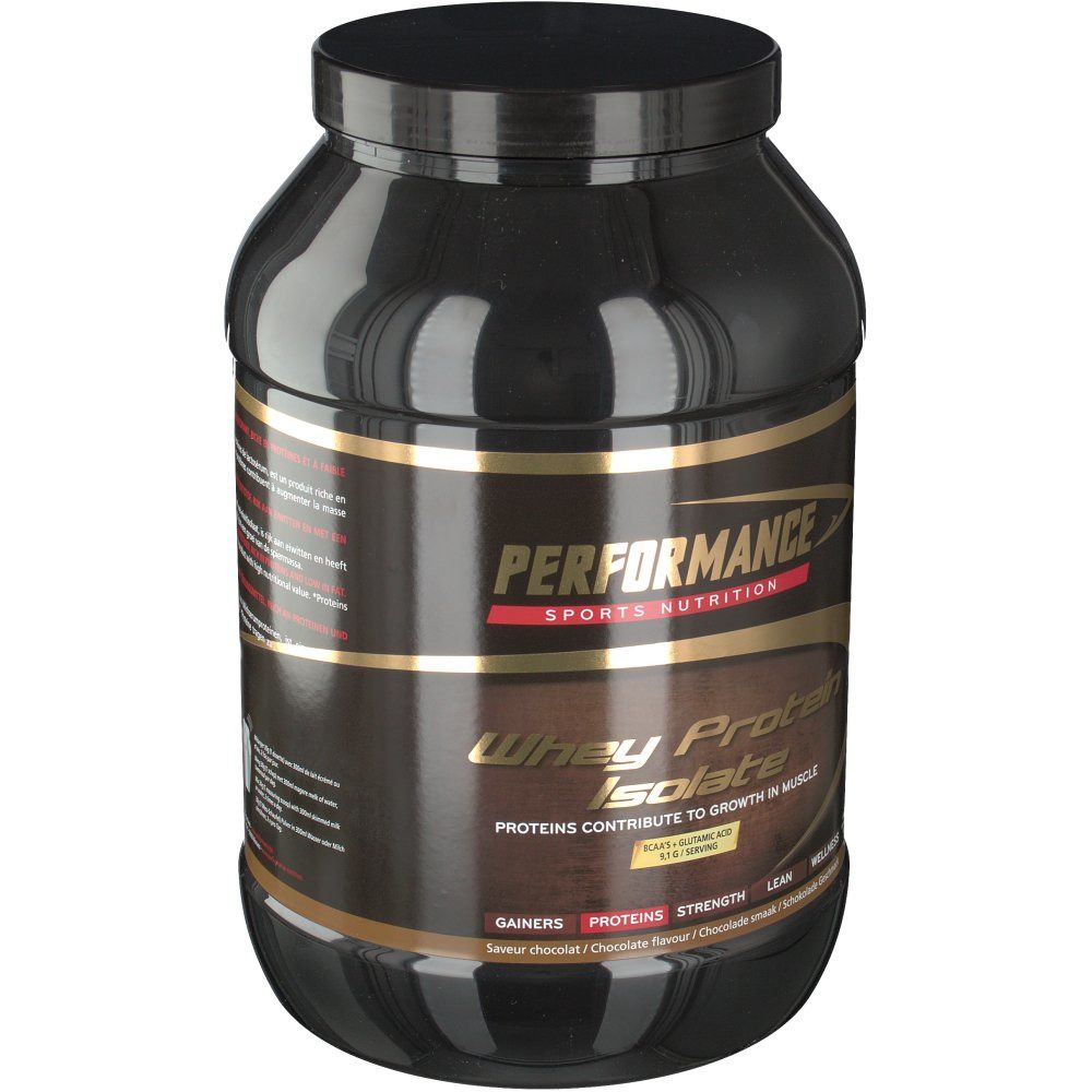 Pot noir avec accents dorés. Inscription : PERFORMANCE Sports Nutrition, Whey Protein Isolate. Saveur chocolat.