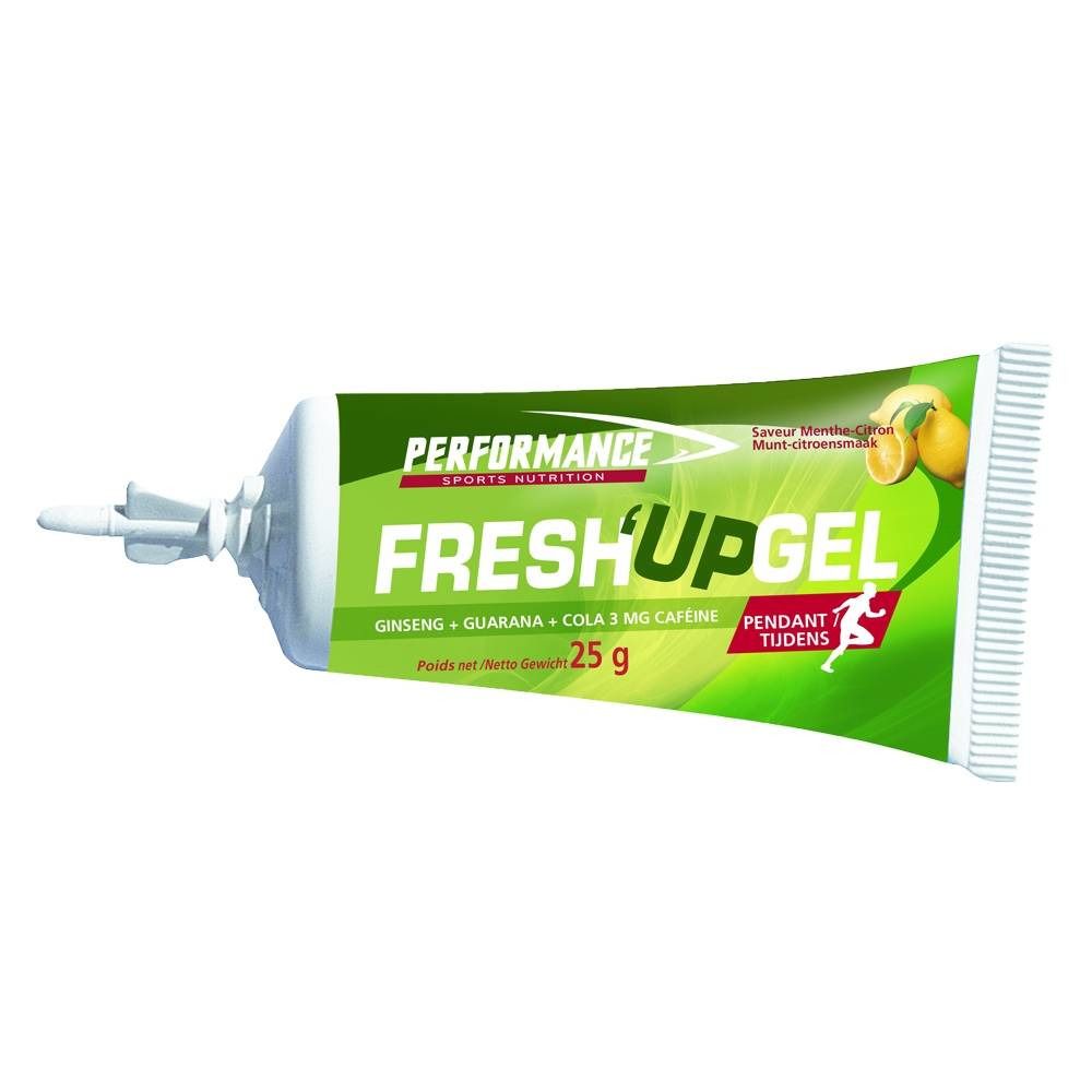 Tube blanche et verte. Inscription FRESH'UP GEL, 25 g, ginseng, guarana, cola 1 mg caféine. Illustration d'un coureur.