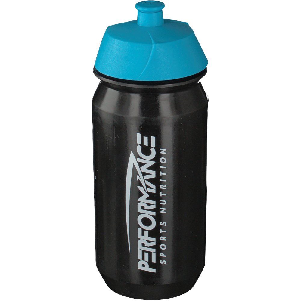 Bidon noir avec bouchon bleu. Inscription : PERFORMANCE SPORTS NUTRITION.