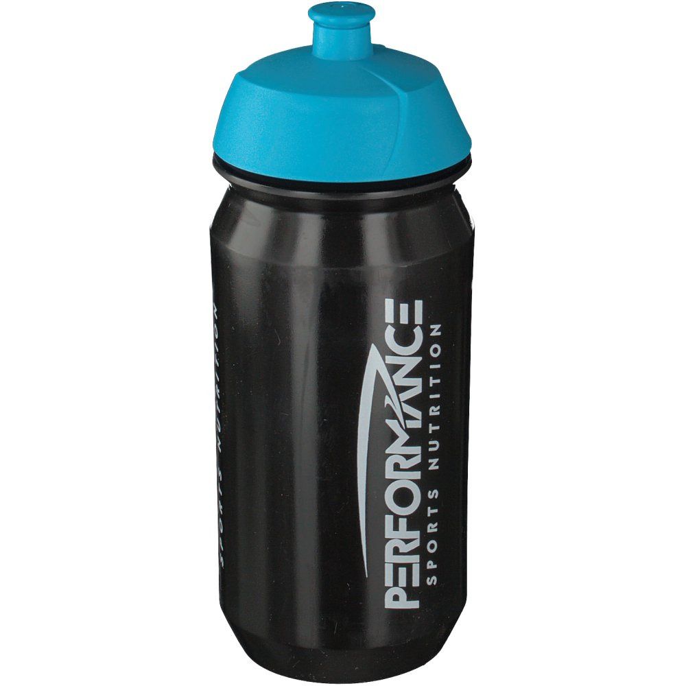 Bidon noir avec bouchon bleu. Inscription : PERFORMANCE SPORTS NUTRITION.
