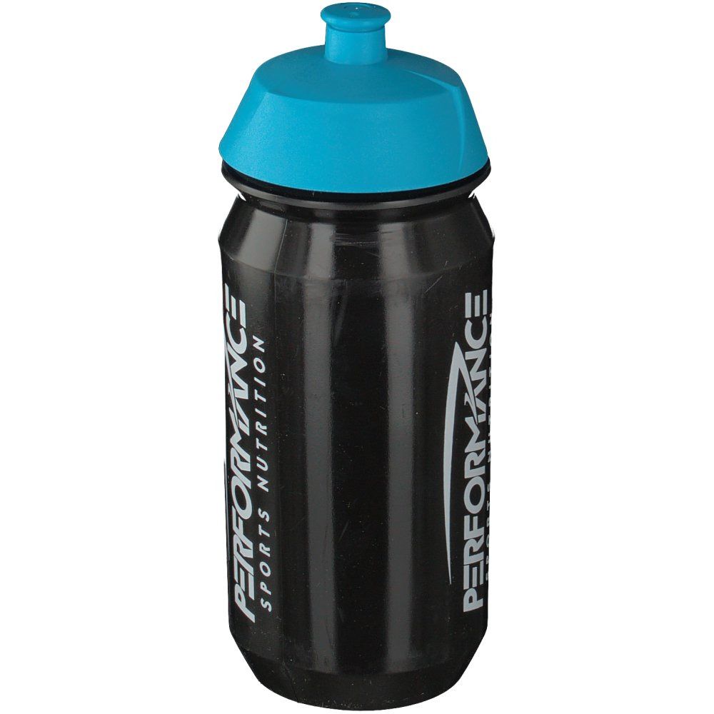 Bidon noir avec bouchon bleu. Inscription : PERFORMANCE SPORTS NUTRITION.
