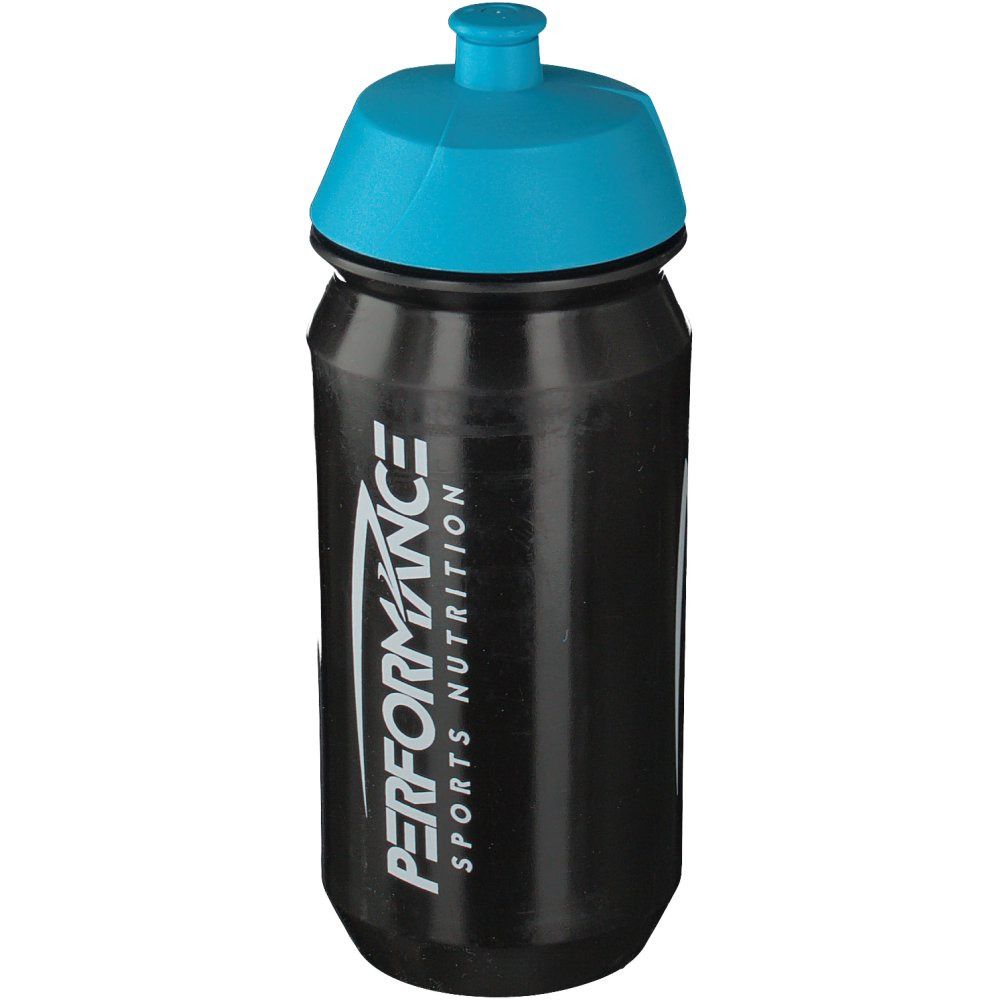 Bidon noir avec bouchon bleu. Inscription : PERFORMANCE SPORTS NUTRITION.