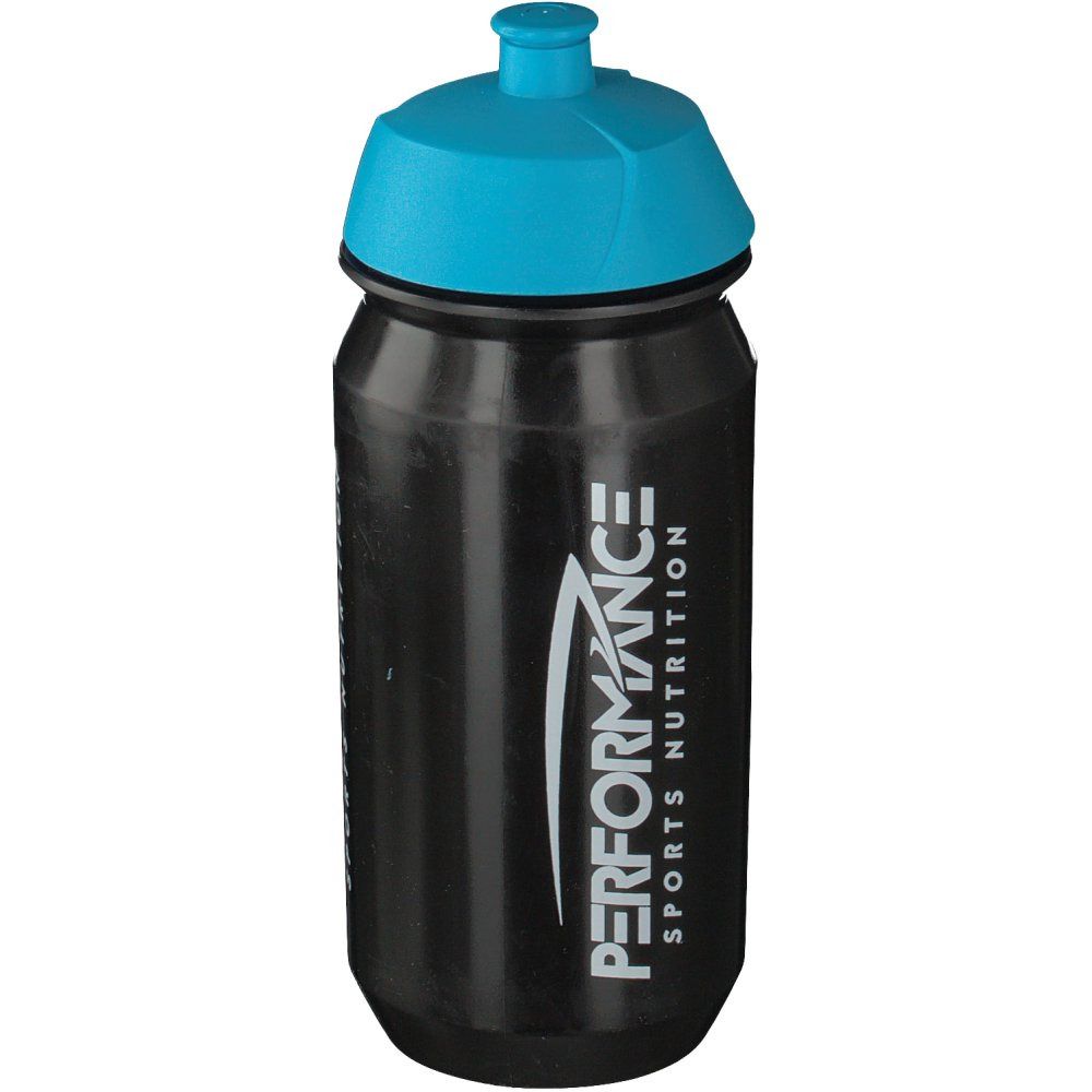 Bidon noir avec bouchon bleu. Inscription : PERFORMANCE SPORTS NUTRITION.