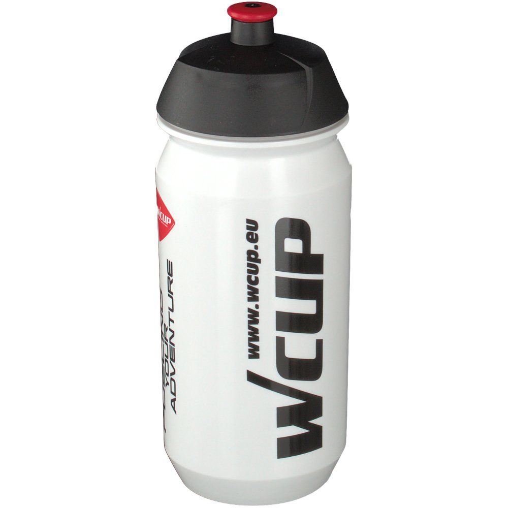 Witte drinkfles met zwarte dop en rode sluiting. Opschrift: WCUP, Fueling Your Adventure, www.wcup.eu.