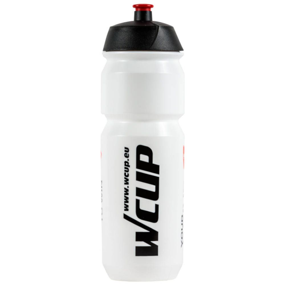 Gourde blanche avec bouchon noir et fermeture rouge. Inscription : wcup.eu, wcup.