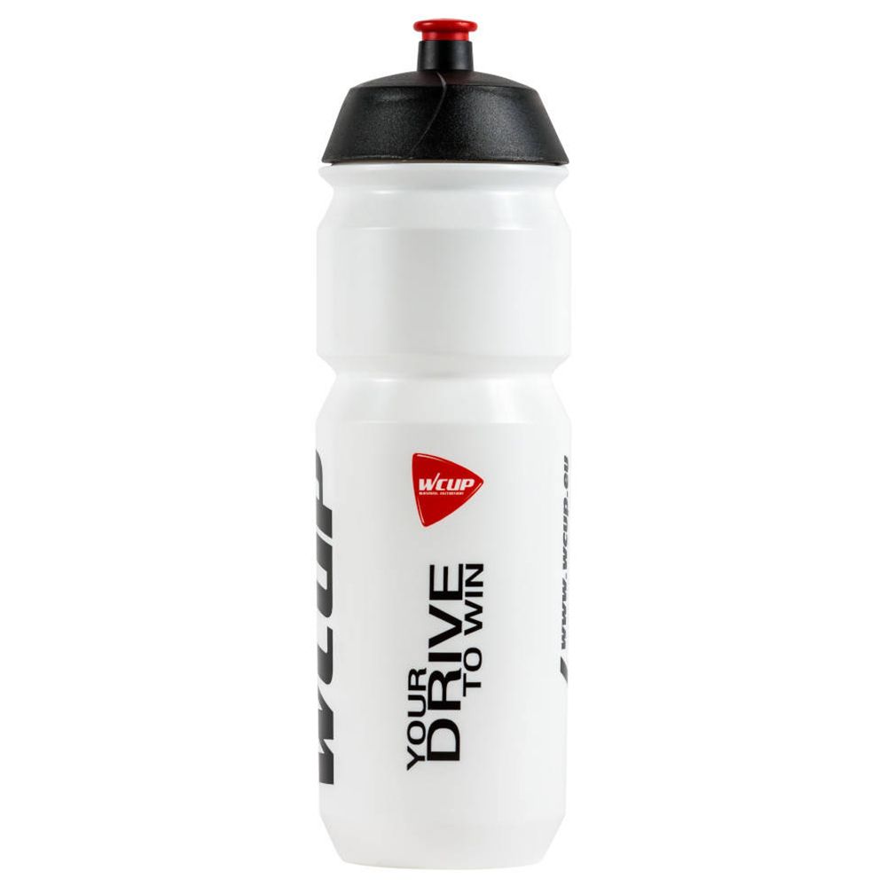 Gourde blanche avec bouchon noir. Inscription : wcup.eu, wcup, YOUR DRIVE TO WIN.