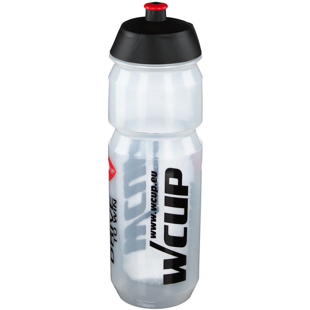 Gourde transparente avec bouchon noir. Inscription : wcup.eu, wcup, YOUR DRIVE TO WIN.