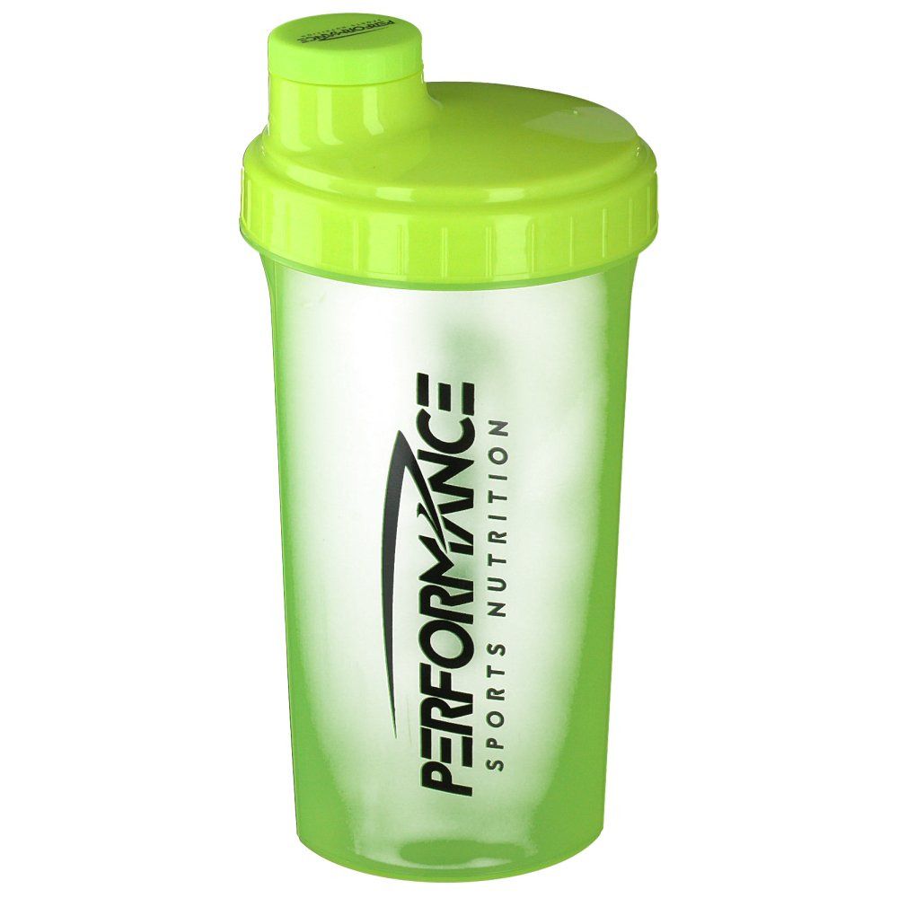 Shaker vert avec couvercle. Inscription: PERFORMANCE SPORTS NUTRITION. Gobelet transparent.