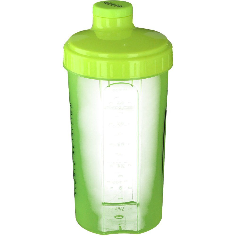 Shaker vert avec couvercle. Échelle sur le côté. Gobelet transparent.