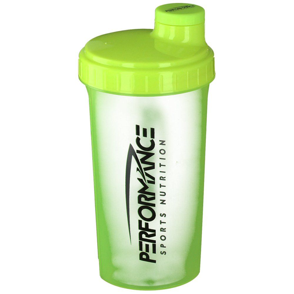Shaker vert avec couvercle. Inscription: PERFORMANCE SPORTS NUTRITION. Gobelet transparent.