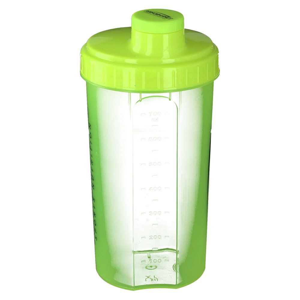 Shaker vert avec couvercle. Échelle sur le côté. Gobelet transparent.