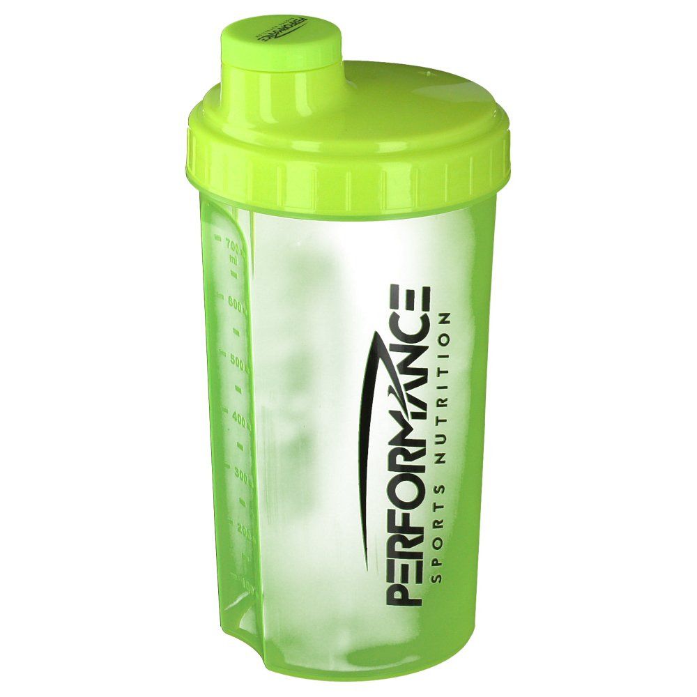 Shaker vert avec couvercle. Inscription: PERFORMANCE SPORTS NUTRITION. Gobelet transparent.