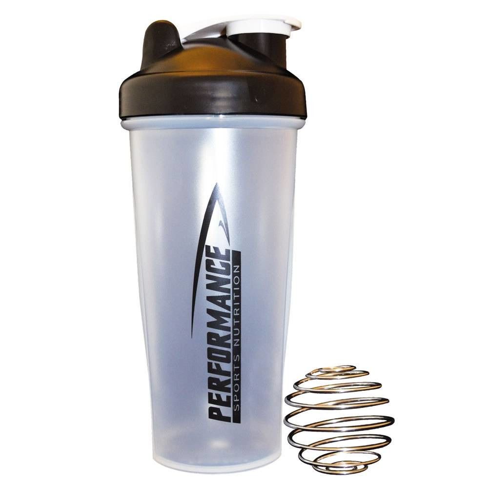Shaker avec couvercle noir et spirale argentée. Inscription : PERFORMANCE SPORTS NUTRITION.
