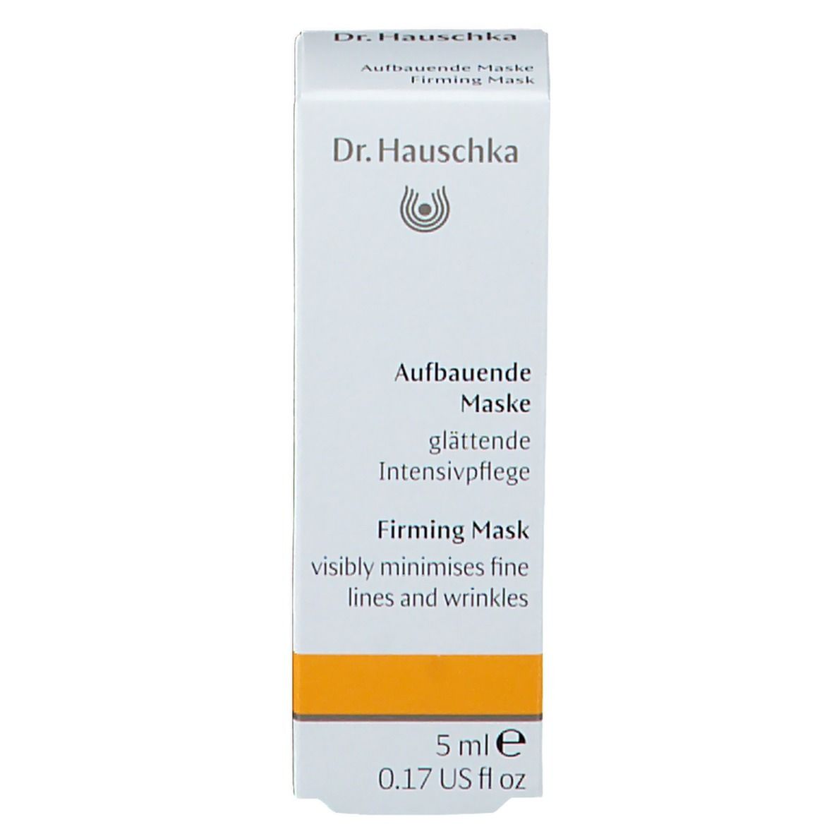Boîte blanche avec bande jaune. Inscription: Dr. Hauschka, Aufbauende Maske, 5 ml.