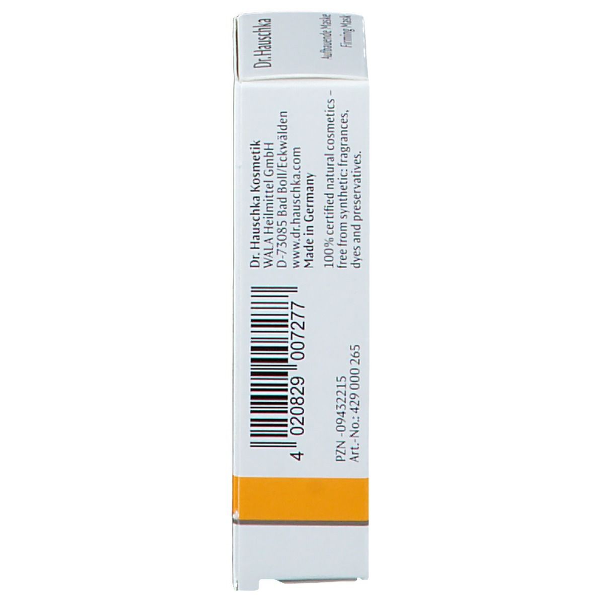 Côté de la boîte. Inscription: Dr. Hauschka, Made in Germany, 5 ml.