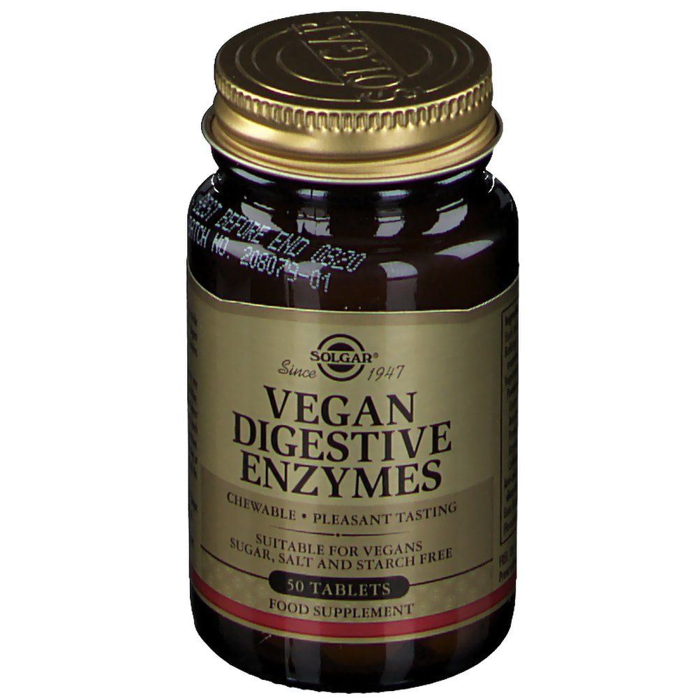 Flacon brun avec couvercle doré. Inscription: Vegan Digestive Enzymes, 50 comprimés. Marque: Solgar.