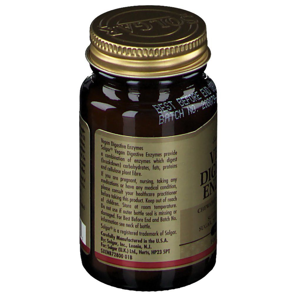 Dos du flacon. Informations sur Solgar Vegan Digestive Enzymes. Informations sur le fabricant.