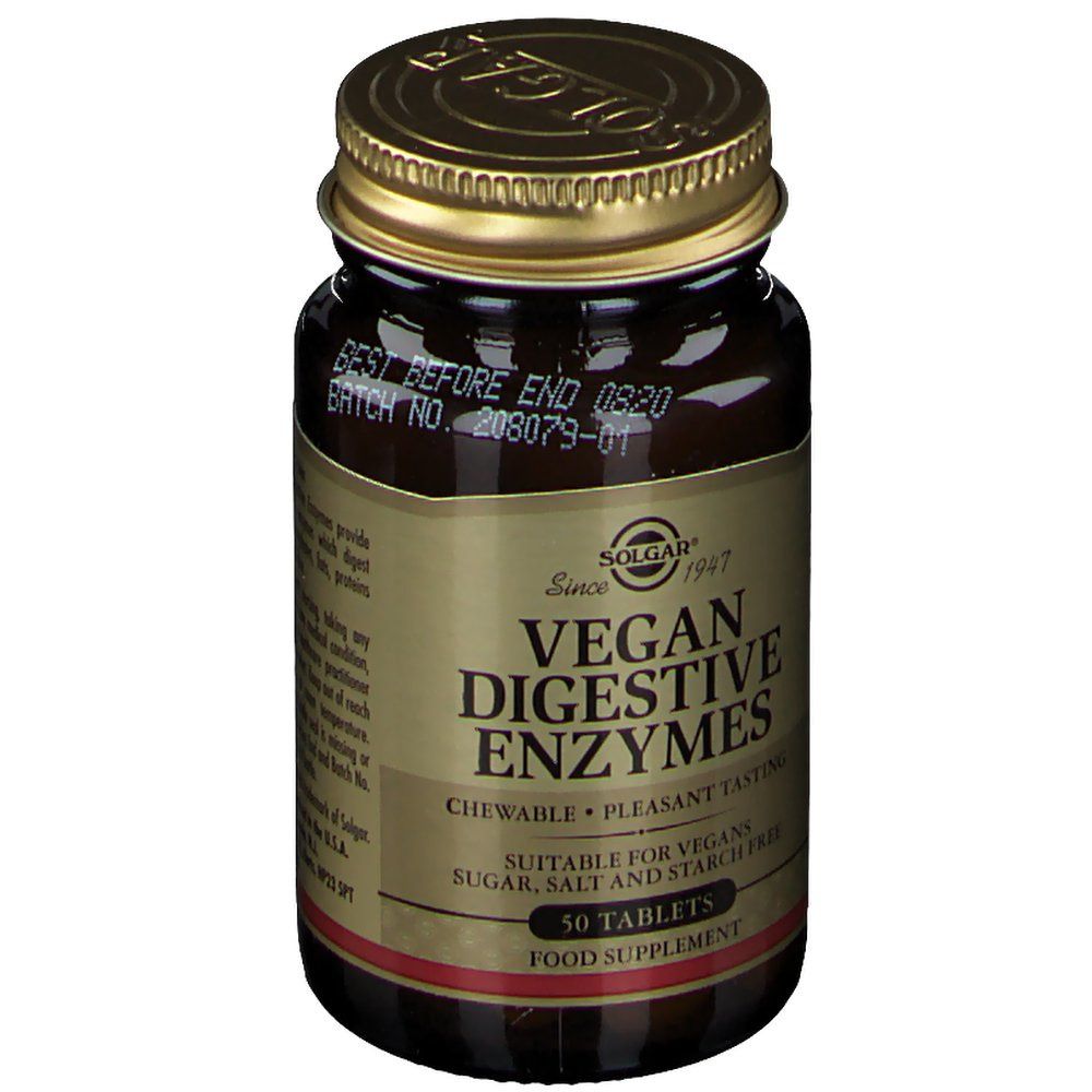 Flacon brun avec couvercle doré. Inscription: Vegan Digestive Enzymes, 50 comprimés. Marque: Solgar.