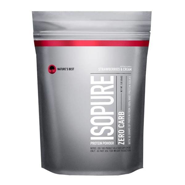 Sachet gris avec bande rouge. Inscription ISOPURE, ZERO CARB, Protein Powder. Contient fraises et crème. Marque NATURE'S BEST.