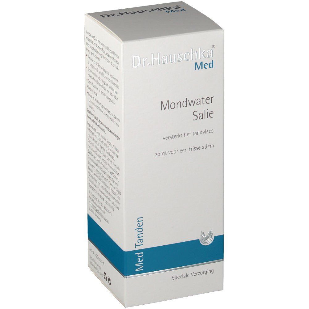 Kartonnen verpakking met productnaam en merk. Blauwe accenten. Tekst: 'Mondwater Salie'.