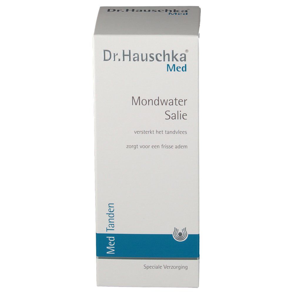 Kartonnen verpakking met productnaam en merk. Blauwe accenten. Tekst: 'Mondwater Salie'.