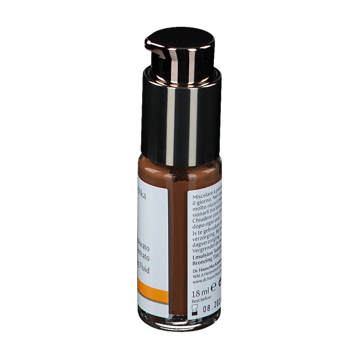 Vue arrière du flacon. Inscription: Dr. Hauschka, Fludio colorato concentrato, Bronzing Fluid. Texte multilingue.