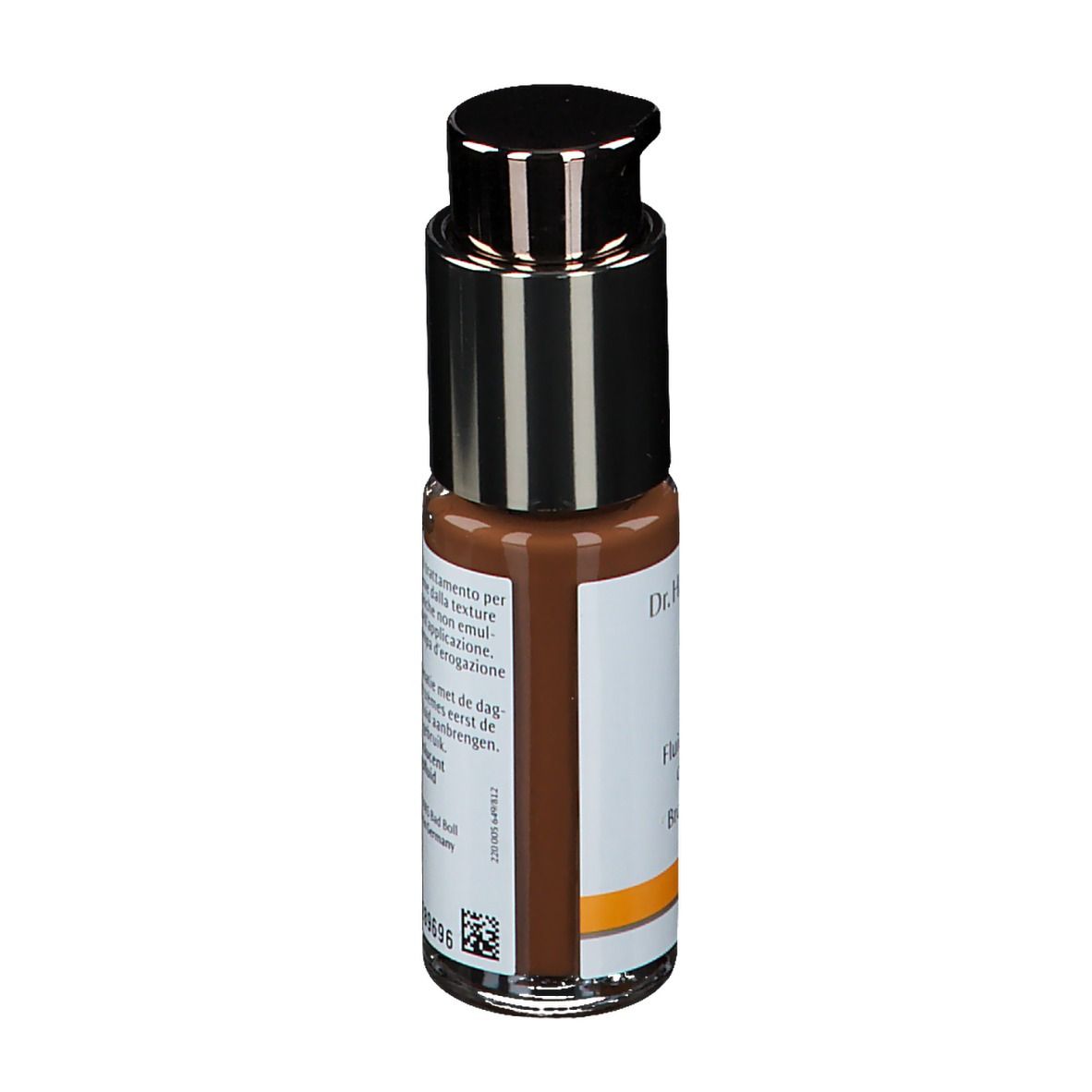 Vue arrière du flacon. Inscription: Dr. Hauschka, Fludio colorato concentrato, Bronzing Fluid. Texte multilingue.