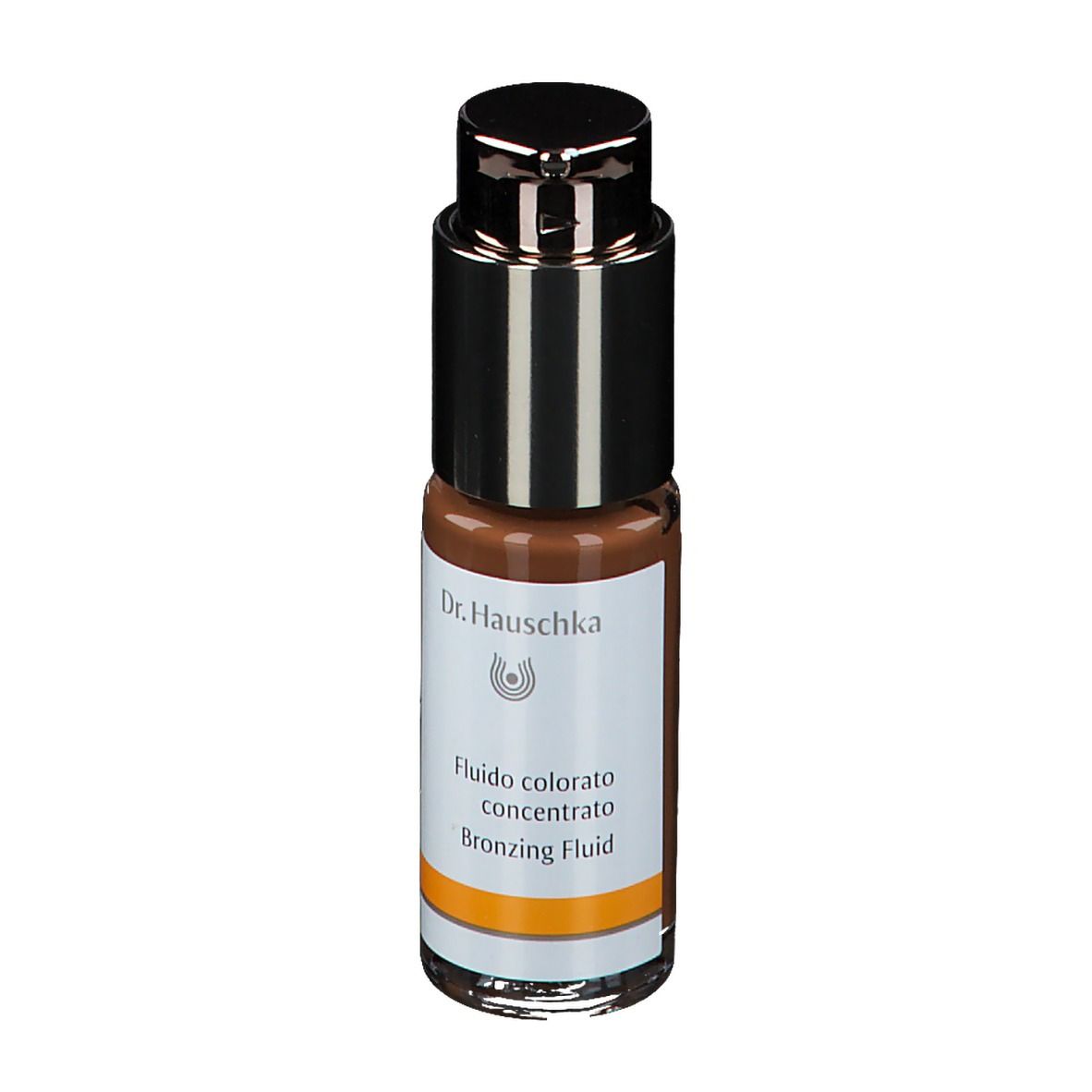 Flacon en verre avec pompe contenant un liquide brun. Inscription: Dr. Hauschka, Fludio colorato concentrato, Bronzing Fluid.