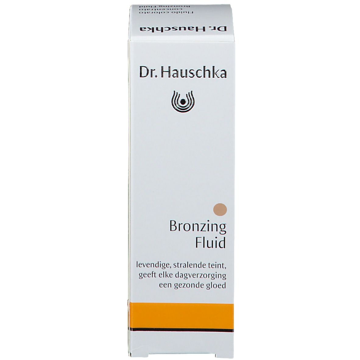 Emballage blanc avec inscription: Dr. Hauschka, Bronzing Fluid. Texte multilingue et un point brun.