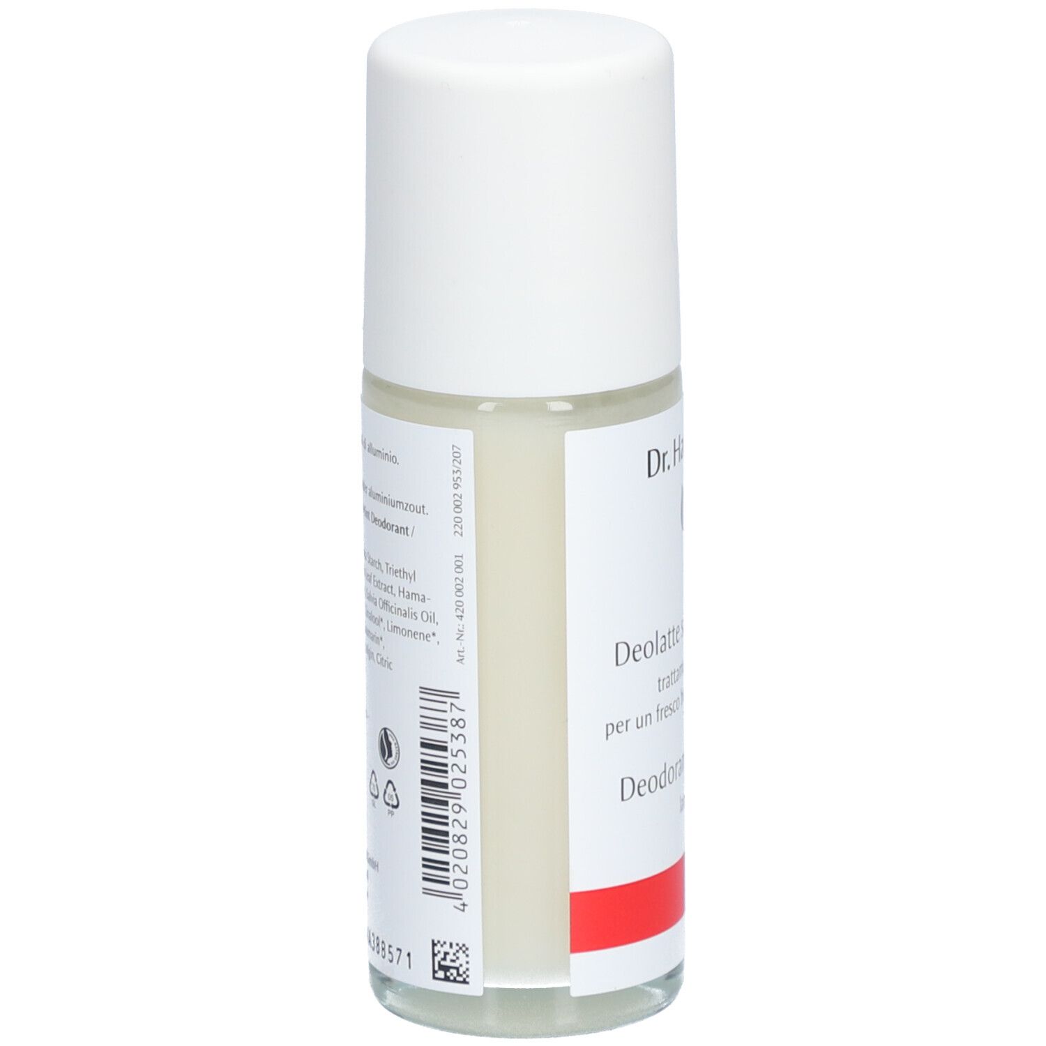 Deo-Roller von Dr. Hauschka. Rückseite mit Inhaltsstoffen und Informationen. Weißer Deckel, transparente Flasche.