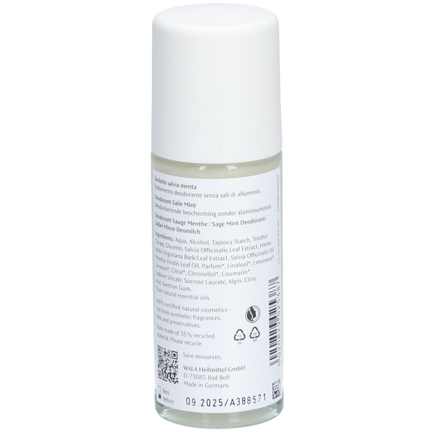 Deo-Roller von Dr. Hauschka. Rückseite mit Inhaltsstoffen und Informationen. Weißer Deckel, transparente Flasche.