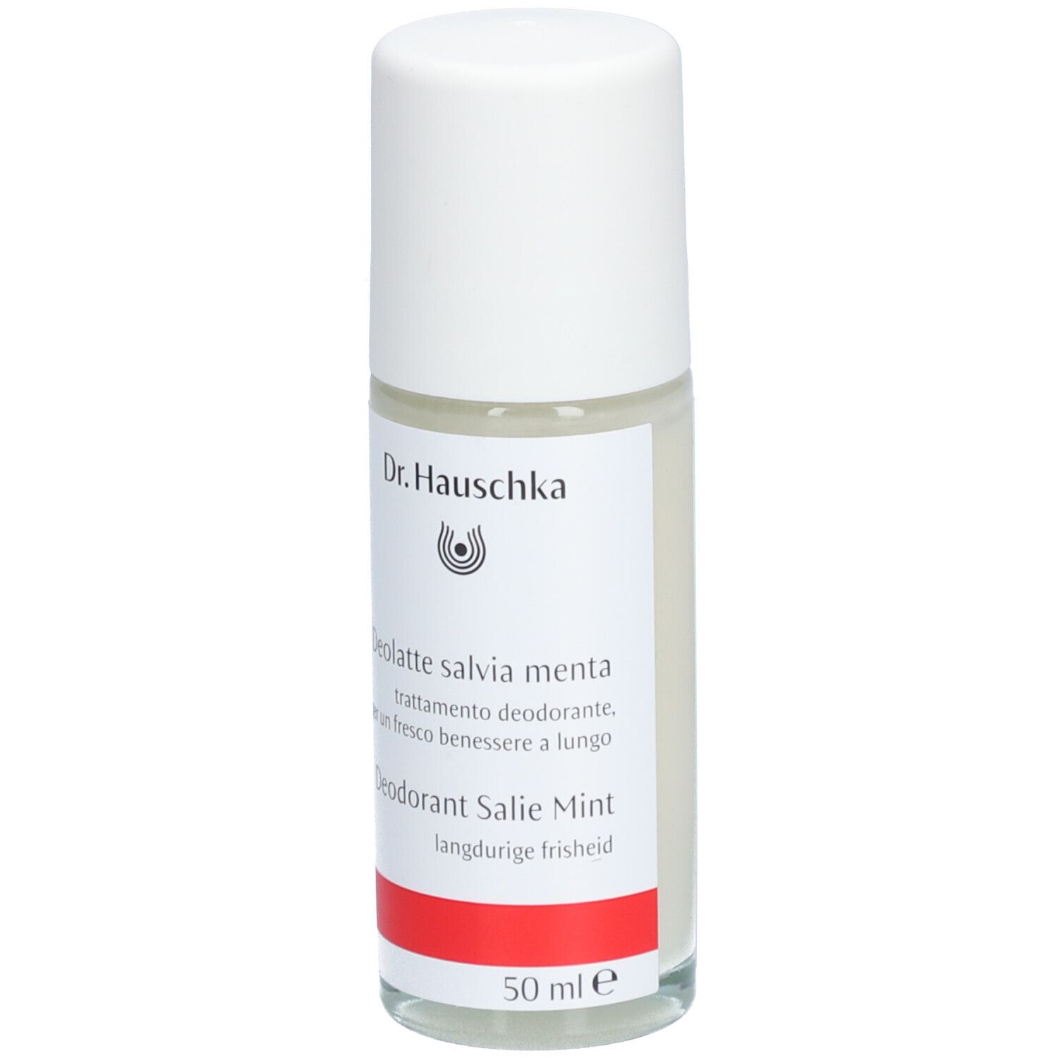 Deo-Roller von Dr. Hauschka. Weißer Deckel, transparente Flasche. Aufschrift: Deolatte salvia menta, Salie Mint.