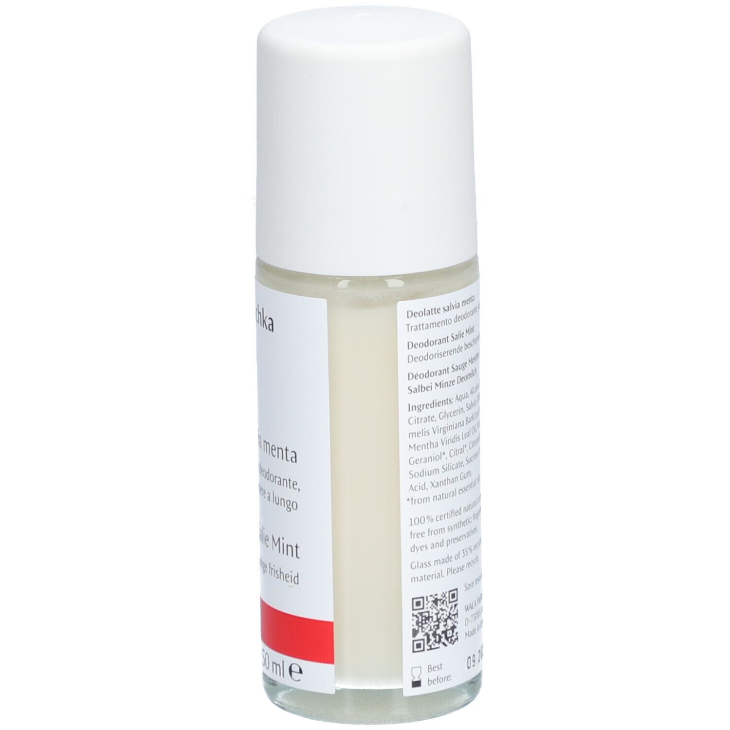 Deo-Roller von Dr. Hauschka. Rückseite mit Inhaltsstoffen und Informationen. Weißer Deckel, transparente Flasche.