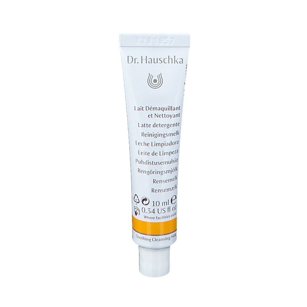 Tube blanche avec bande jaune. Inscription: Dr. Hauschka, Lait Démaquillant, 10 ml.