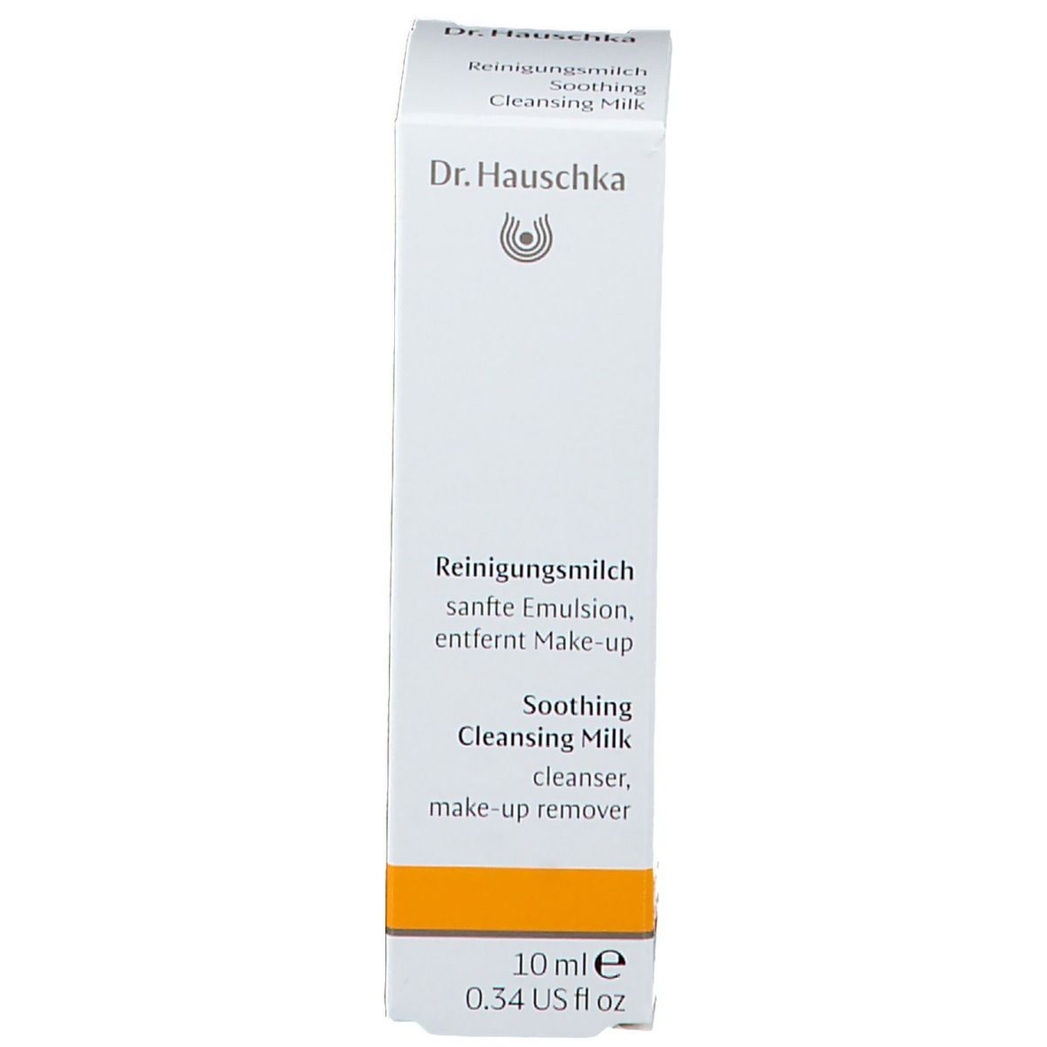 Emballage produit blanc avec bande jaune. Inscription: Dr. Hauschka, Lait Démaquillant, 10 ml.