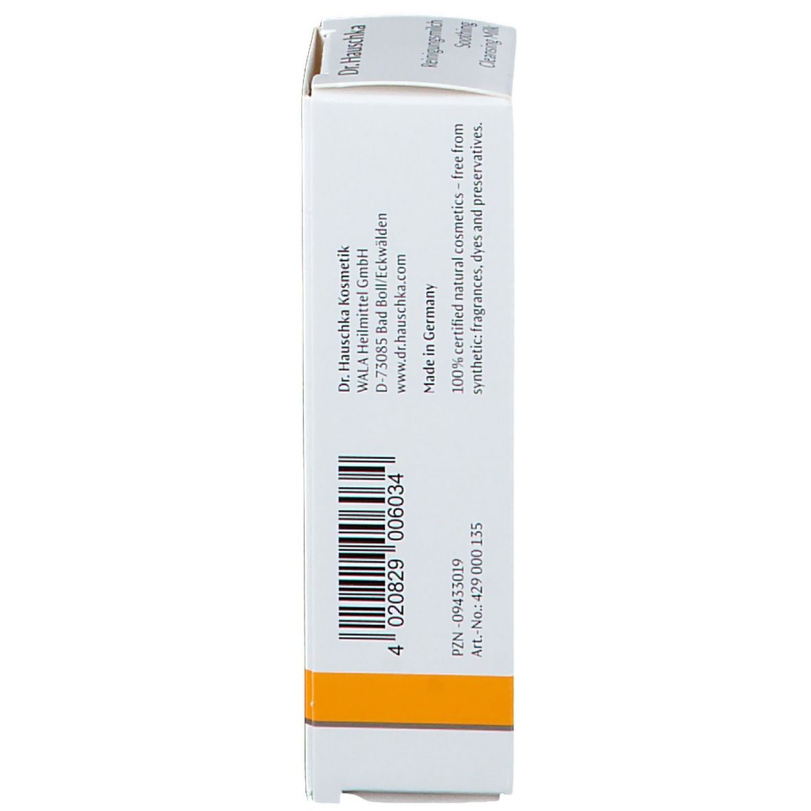 Côté de l'emballage du produit. Code-barres, informations fabricant, certification. Bande jaune en bas.