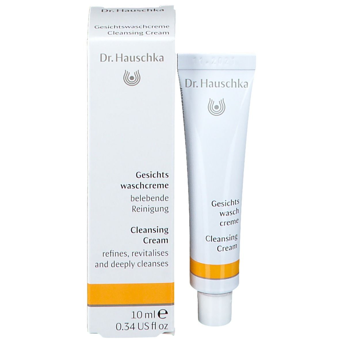 Emballage et tube. Emballage: blanc, bande jaune, inscription: Dr. Hauschka, Gesichts Waschcreme, Cleansing Cream.
