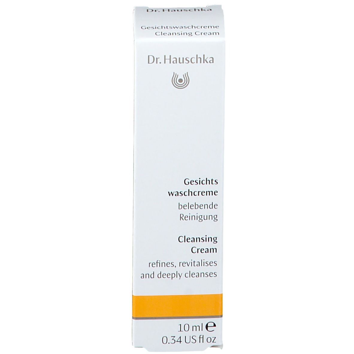 Emballage du produit. Blanc avec bande jaune. Inscription: Dr. Hauschka, Gesichts Waschcreme, Cleansing Cream. 10 ml.