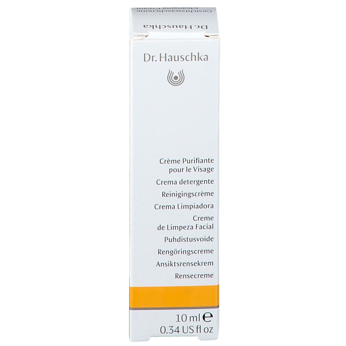 Emballage du produit, côté. Désignations multilingues du produit, 10 ml, bande jaune.