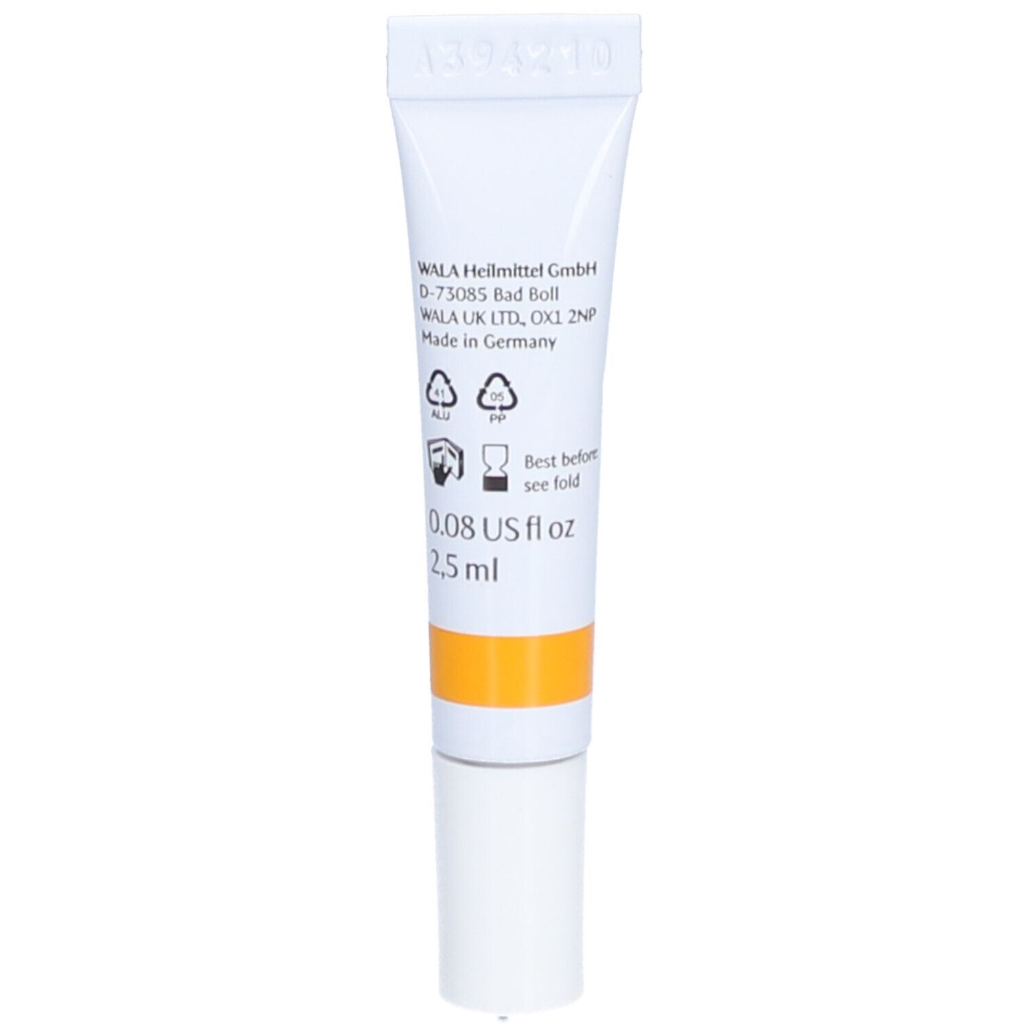 Dos du tube. Inscriptions: Wala Heilmittel GmbH, 0.08 US fl oz, 2.5 ml, Made in Germany.