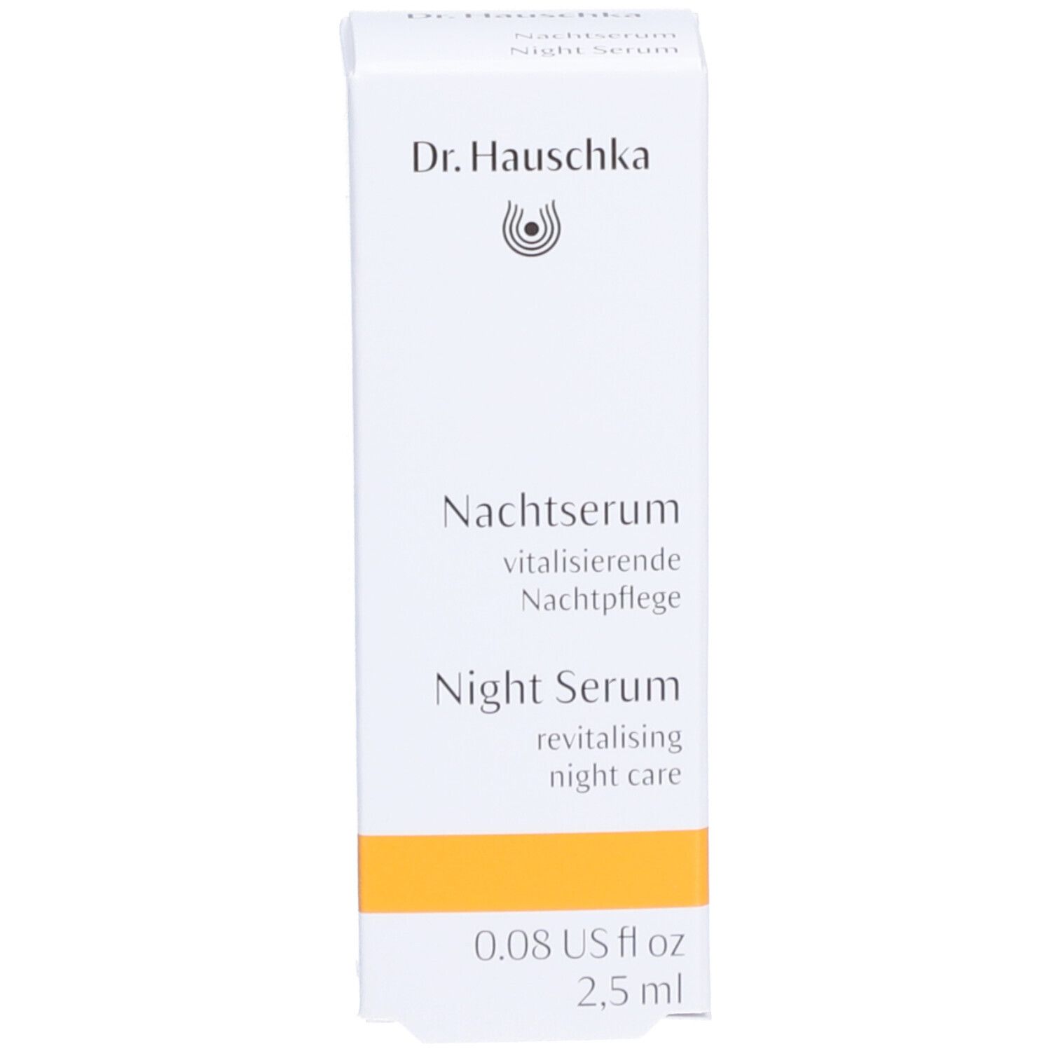 Emballage du produit. Inscriptions: Dr. Hauschka, Nachtserum, Night Serum, 0.08 US fl oz, 2.5 ml.