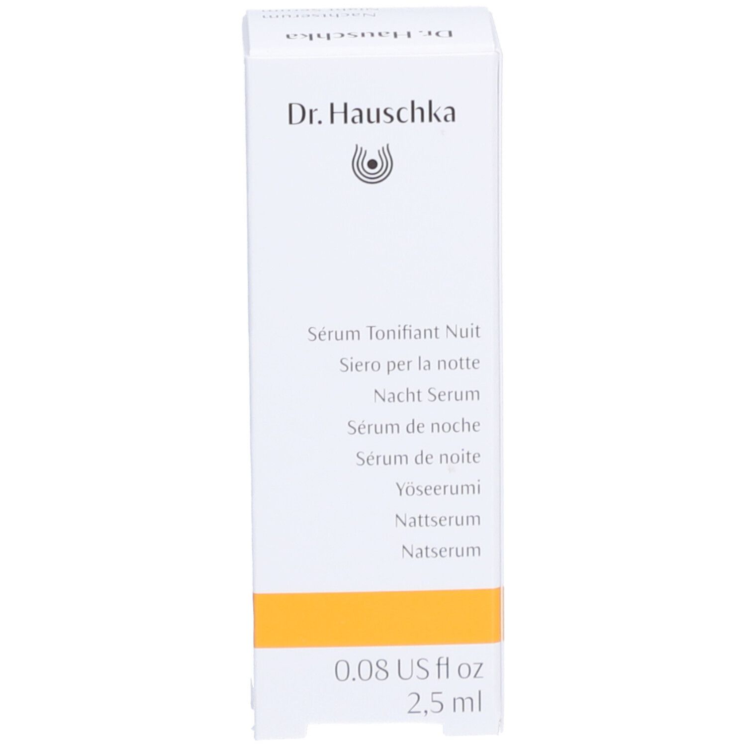 Emballage du produit. Inscriptions: Dr. Hauschka, Sérum Tonifiant Nuit, Nachtserum, 0.08 US fl oz, 2.5 ml.